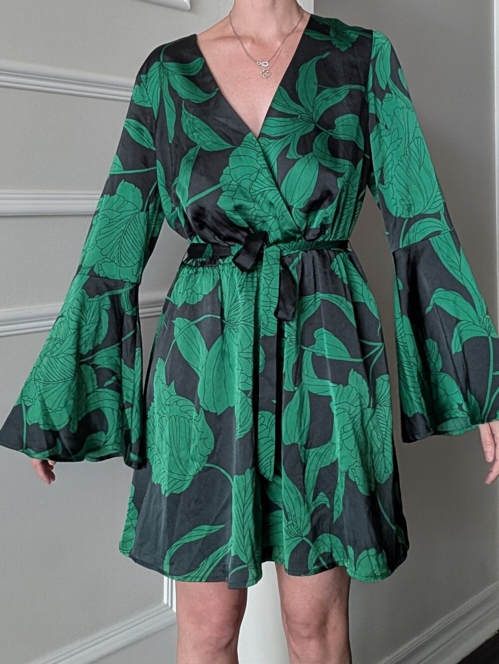 Marciano By Guess Green And Black Floral Wrap Shorts Dress with Bell Sleeves
